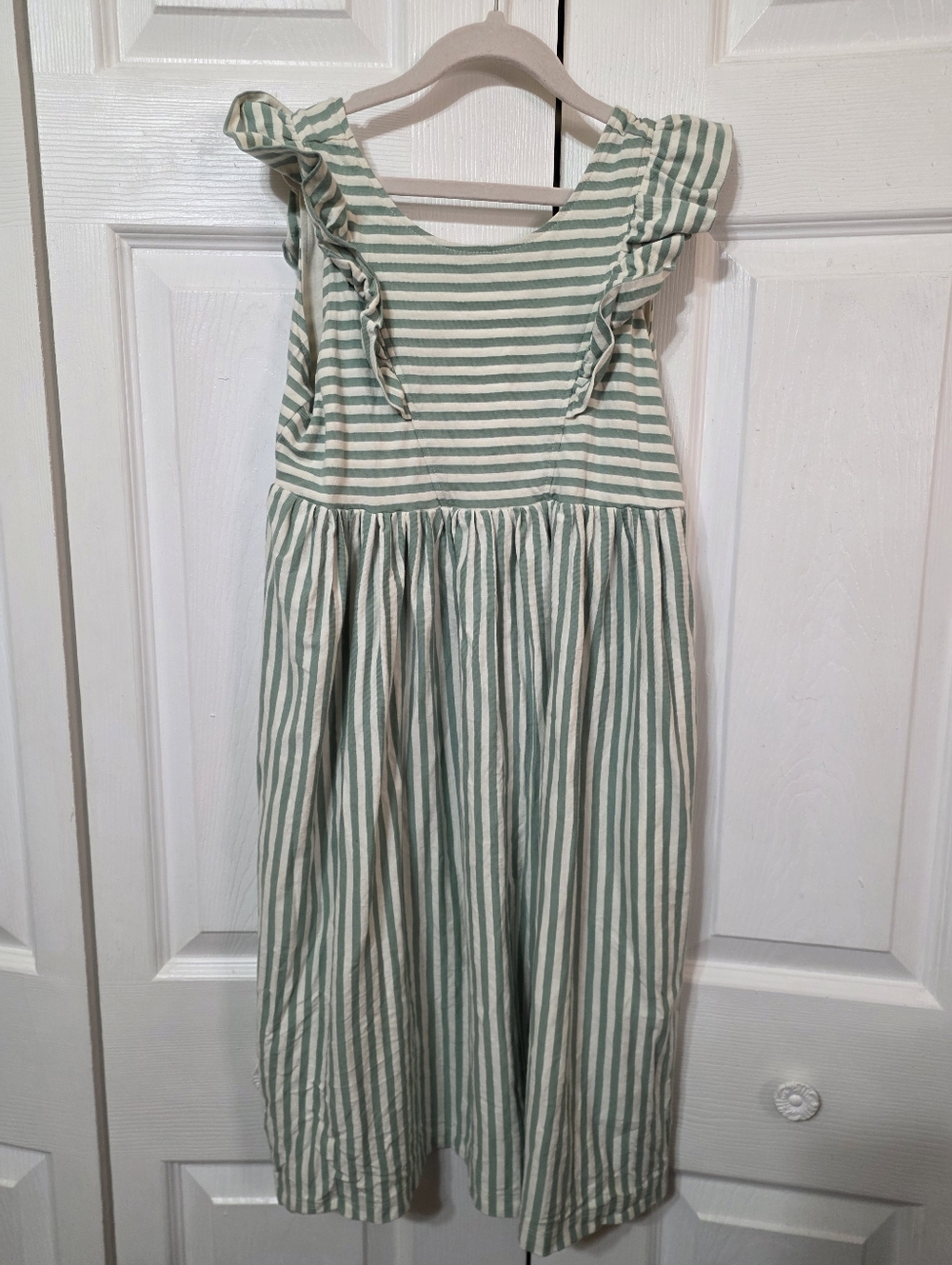Girls Green and White Striped Ruffle Sleeve Dress